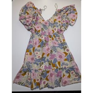 Sim & Sam Floral Flutter Sleeve Mini Dress Pink Blue Cotton V-Neck Womens Small